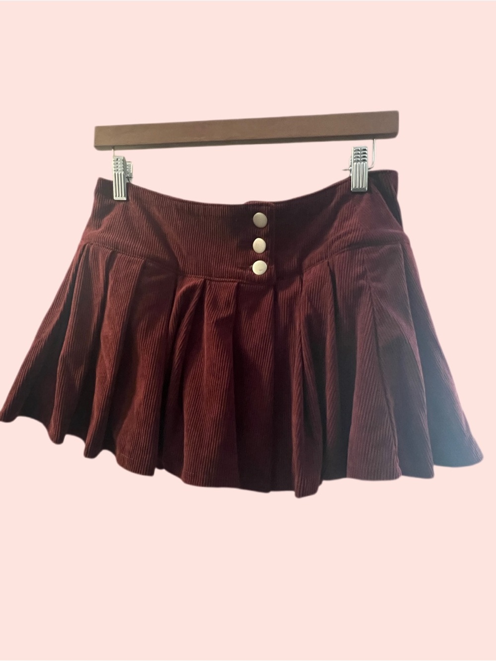 Windsor Burgundy Corduroy Pleated Mini Skirt with Front Buttons
